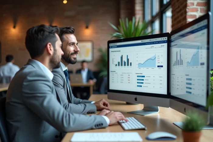Agent immobilier présentant une plateforme de comparaison de biens à un client dans un espace de coworking