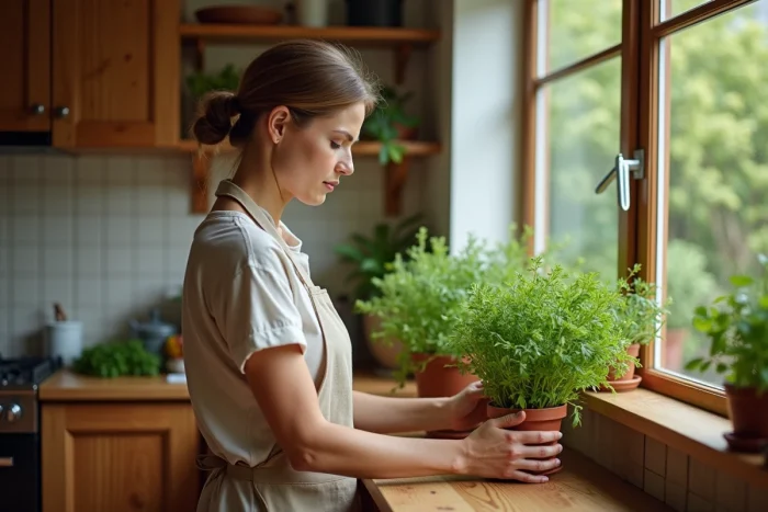 Femme arrangeant des herbes aromatiques en pots sur une étagère en bois dans une cuisine rustique décorée avec soin