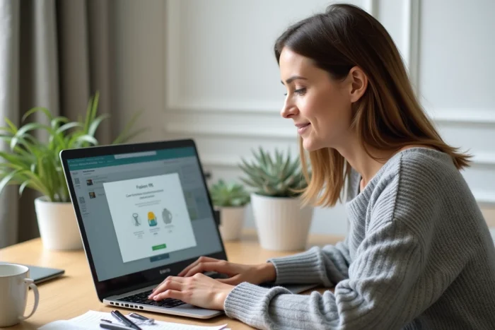 Femme annulant une commande en ligne sur le site Promod depuis son bureau à domicile