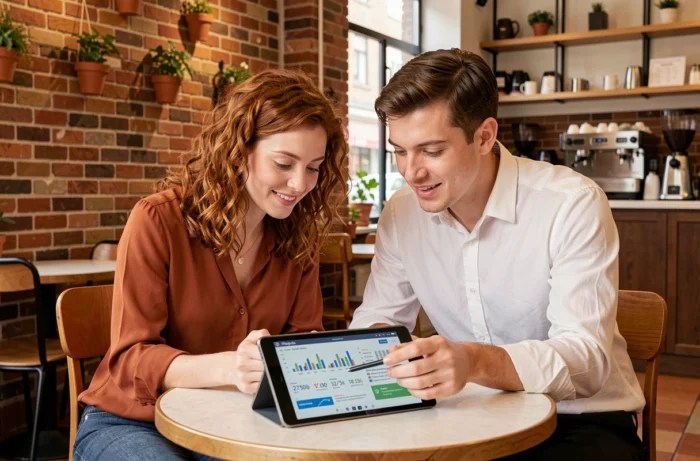 Deux associés collaborant sur leur stratégie de lancement de business en ligne dans un café urbain