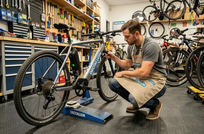 Technicien réparant l'unité de contrôle électronique d'un vélo Decathlon dans un atelier professionnel