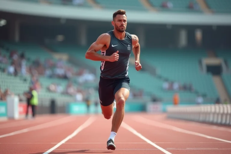 Athlète professionnel en plein sprint sur une piste d'athlétisme lors d'un championnat 2024