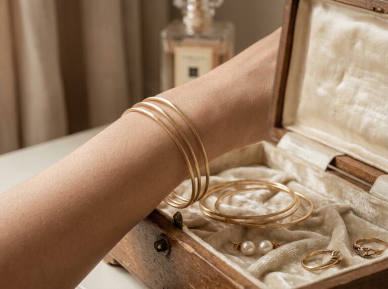 Bracelets fins dorés posés dans une boîte à bijoux en bois vintage tapissée de velours ivoire