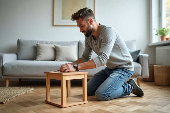 Homme assemblant un meuble en bois de style scandinave sur un parquet en chevrons dans un salon moderne et épuré