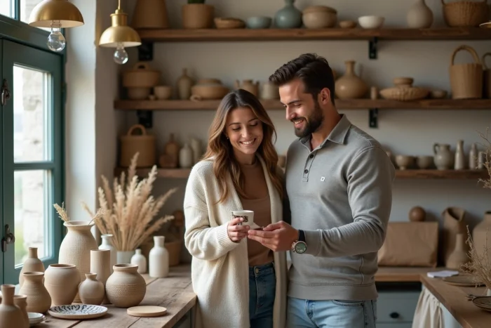 Couple choisissant un cadeau de mariage artisanal dans une boutique de créateurs indépendants