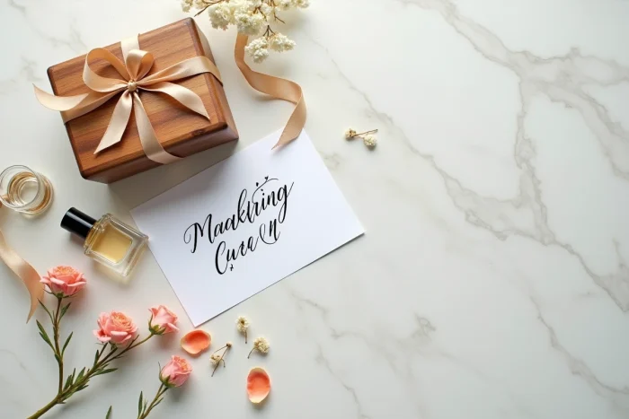 Flat lay élégant d'un cadeau de mariage personnalisé avec boîte en bois, calligraphie et fleurs séchées
