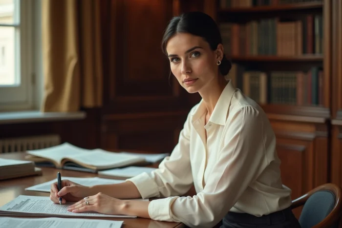 Femme journaliste et éditorialiste assise à un bureau avec des journaux, évoquant Charlotte d'Ornellas et la vérification de rumeurs médiatiques