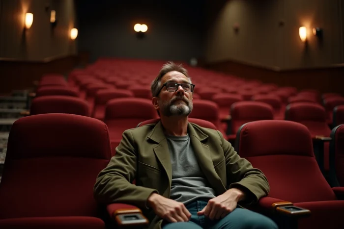 Homme seul dans une salle de cinéma d'art et essai avant une projection, reflétant la culture cinématographique indépendante et la contemplation artistique