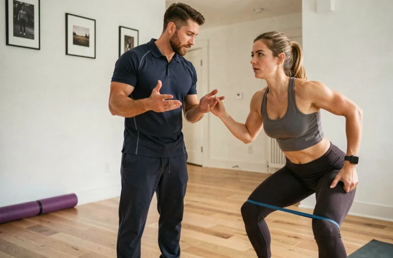 Coach sportif à domicile guidant une cliente pendant un exercice de squat avec élastique dans un salon aménagé en espace fitness