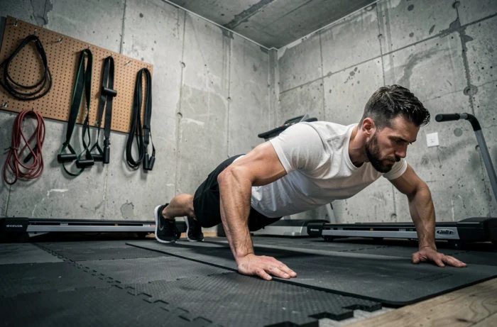 Coach sportif supervisant un exercice de pompes dans un garage aménagé en salle de sport à domicile avec équipements de fitness