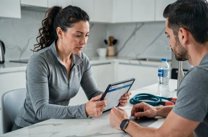 Coach sportive féminine consultant un plan d'entraînement sur tablette avec son client lors d'une séance de coaching personnalisé à domicile