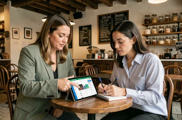 Deux femmes entrepreneures collaborant sur le développement d'un business en ligne dans un café urbain