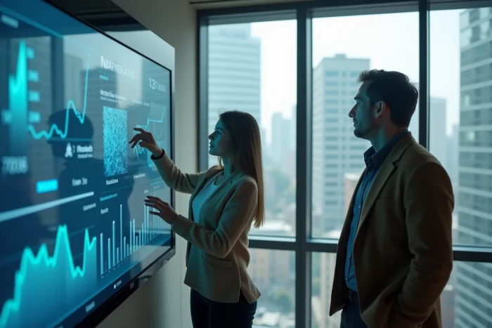 Deux professionnels collaborant sur des visualisations de données et tendances devant un écran tactile dans une salle de réunion moderne vitrée