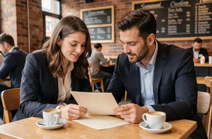 Deux collègues collaborant sur la rédaction d'une lettre de témoignage dans un café