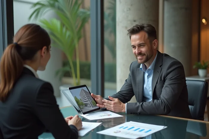 Conseiller immobilier présentant des données et des offres sécurisées sur tablette lors d'un rendez-vous client