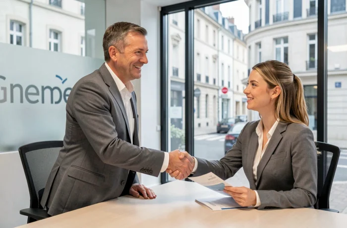Conseiller en mutuelle santé accueillant une cliente dans une agence moderne à Grenoble en Isère