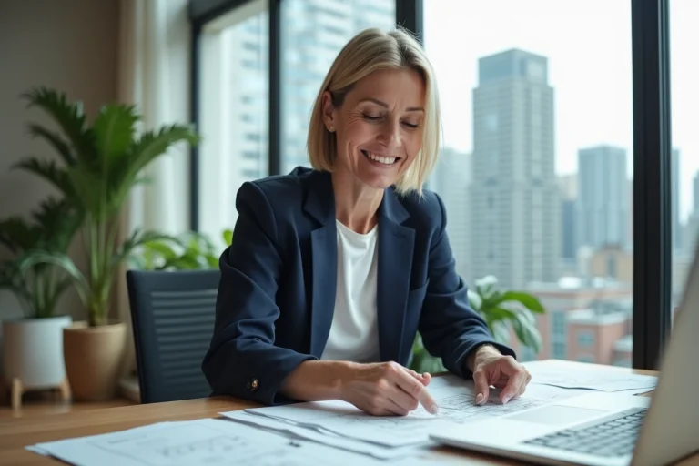 Conseillère en investissement immobilier analysant des plans et documents financiers dans un bureau moderne avec vue sur la ville