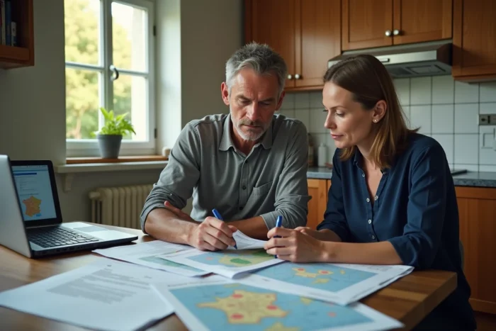 Couple de gendarmes en civil étudiant ensemble une carte de France et des formulaires de mutation à leur table de cuisine