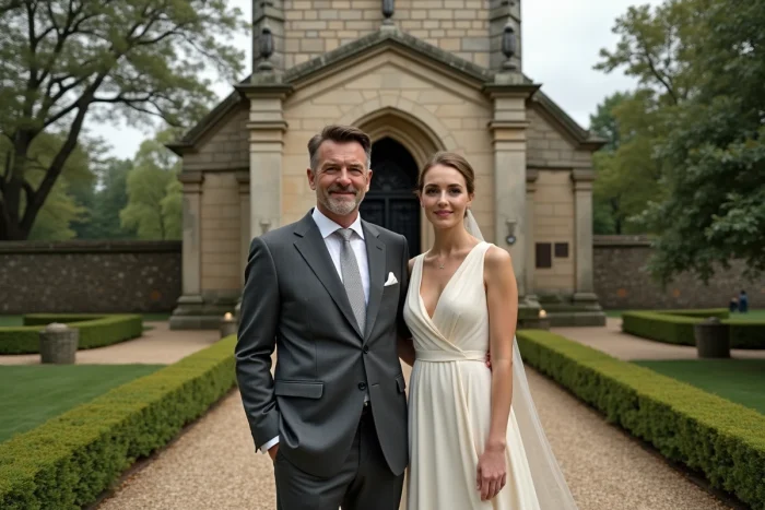 Couple élégant devant une chapelle en pierre française, illustration d'un mariage de personnalités médiatiques françaises conservatrices