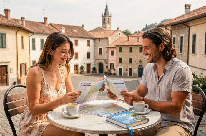 Couple planifiant un voyage avec Yoopi Travel dans un café en Europe