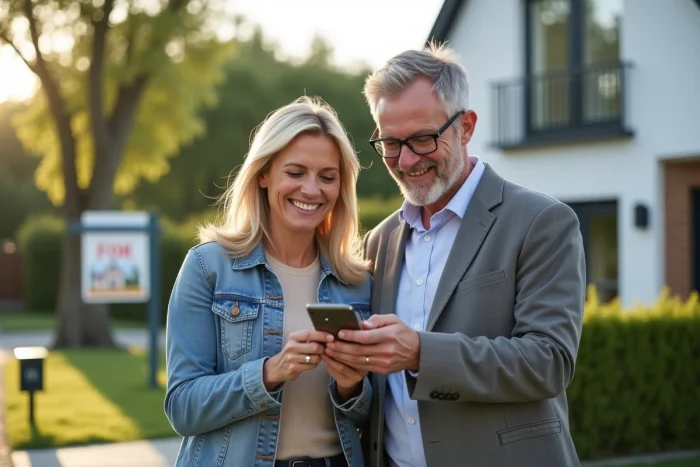 Couple découvrant un bien immobilier grâce à une application mobile innovante devant une maison moderne