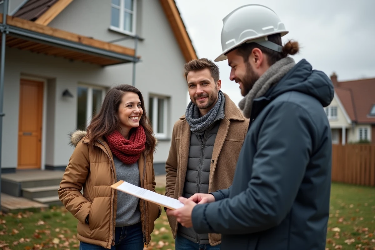 Jeune couple discute avec un entrepreneur devant leur maison en rénovation