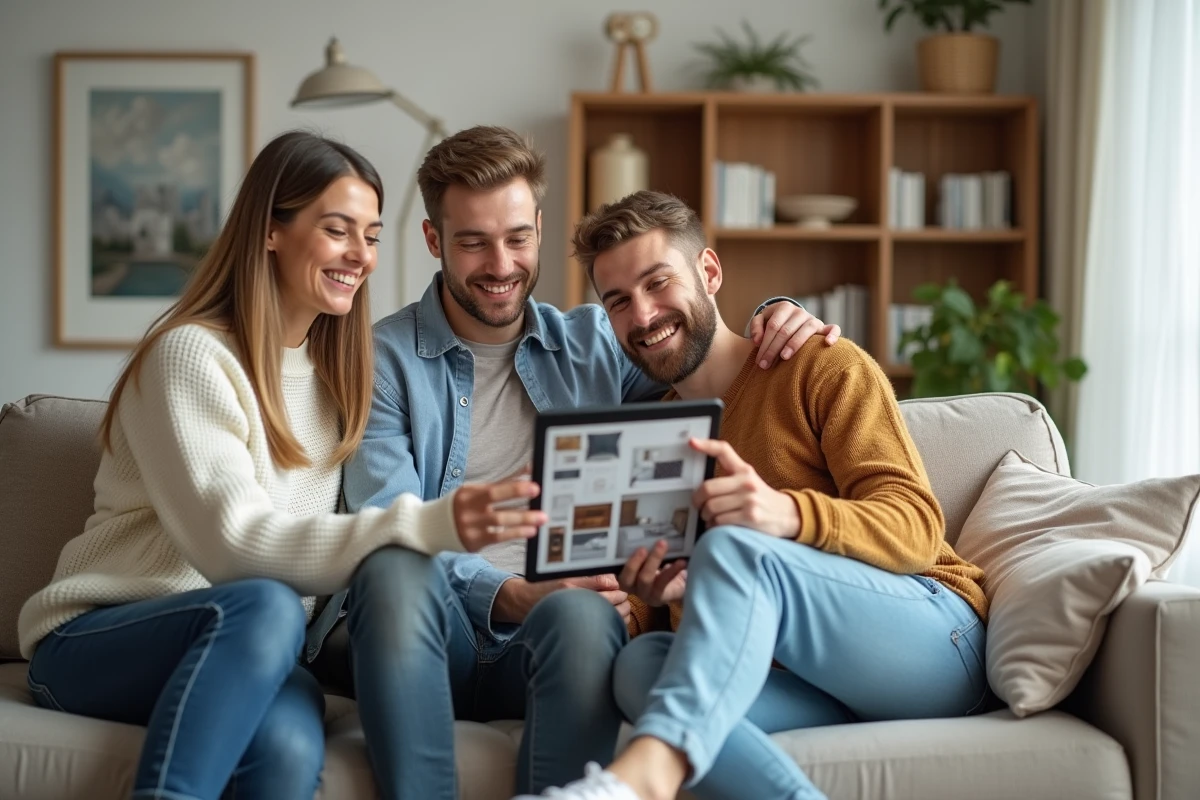 Jeune couple dans un salon rénové avec designer et mood board