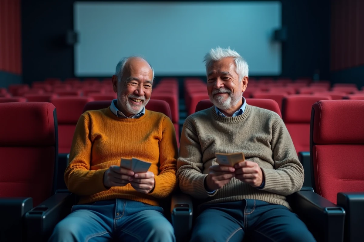 Couple senior regardant leurs billets dans une salle de cinéma