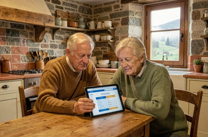 Couple de seniors consultant une mutuelle santé sur tablette dans une ferme traditionnelle de l'Isère