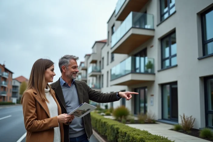 Couple examinant une résidence neuve lors d'une visite d'investissement immobilier en milieu urbain