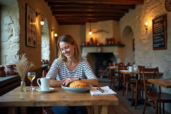 Femme dégustant une galette bretonne et du cidre dans une crêperie traditionnelle en pierre à Ploubazlanec