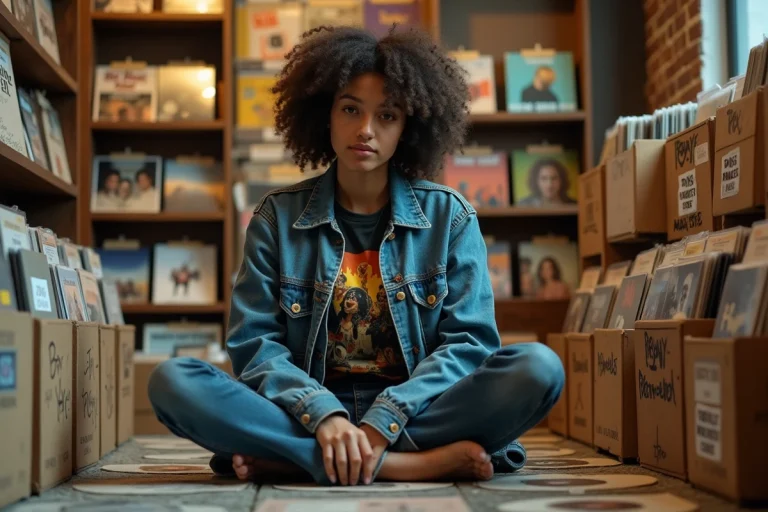 Jeune femme parcourant des vinyles dans un magasin de disques indépendant, entourée d'affiches de concerts et de rayonnages chargés de culture musicale alternative