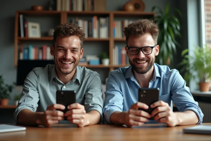 Deux hommes jouant en compétition à un jeu de quiz en ligne sur leurs smartphones dans un bureau à domicile