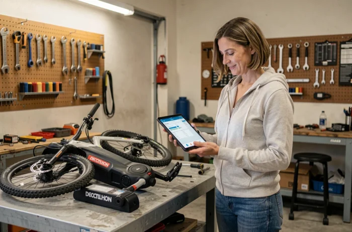 Femme diagnostiquant la batterie d'un vélo électrique Decathlon dans un garage avec une tablette