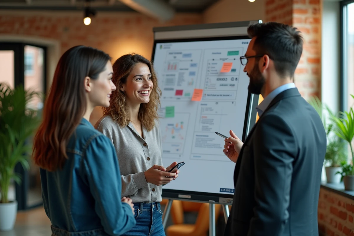 Groupe de jeunes professionnels discutant autour d