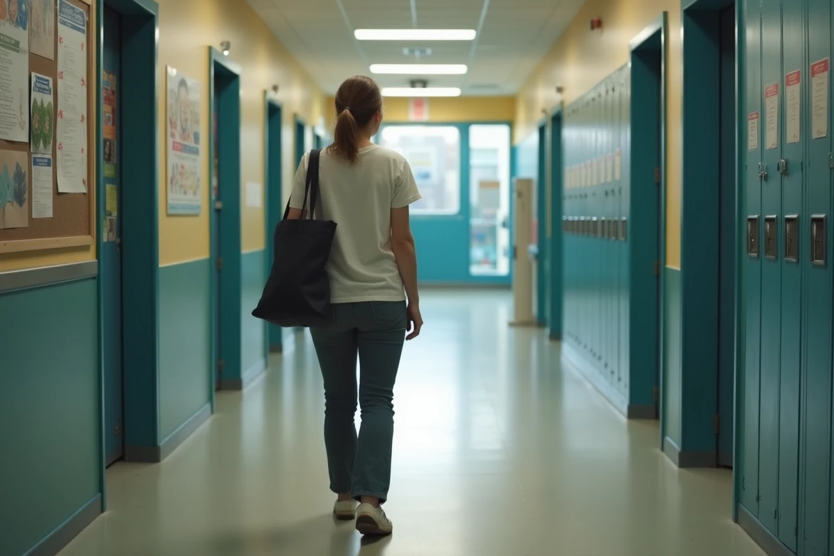 Jeune enseignante dans un couloir d école pendant les vacances