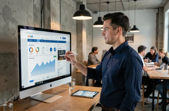 Entrepreneur masculin analysant les performances de son site e-commerce dans un espace de coworking