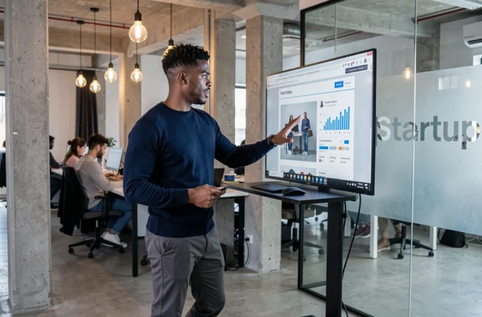 Jeune entrepreneur masculin présentant une stratégie de commerce en ligne dans un espace de coworking moderne