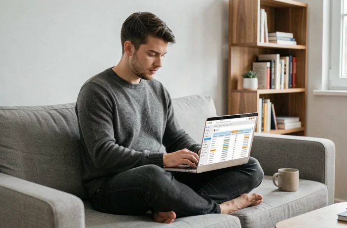 Jeune entrepreneur travaillant sur sa stratégie de marketing digital depuis son bureau à domicile avec un ordinateur portable