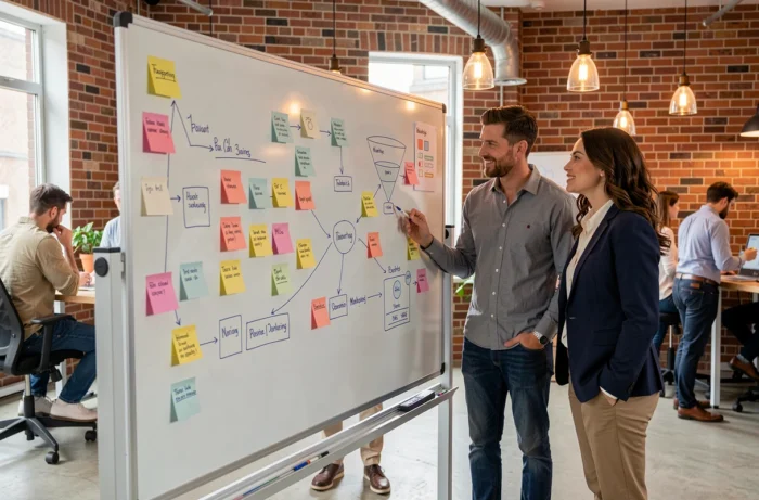 Équipe de professionnels collaborant sur une stratégie de marketing digital devant un tableau blanc dans un espace de coworking