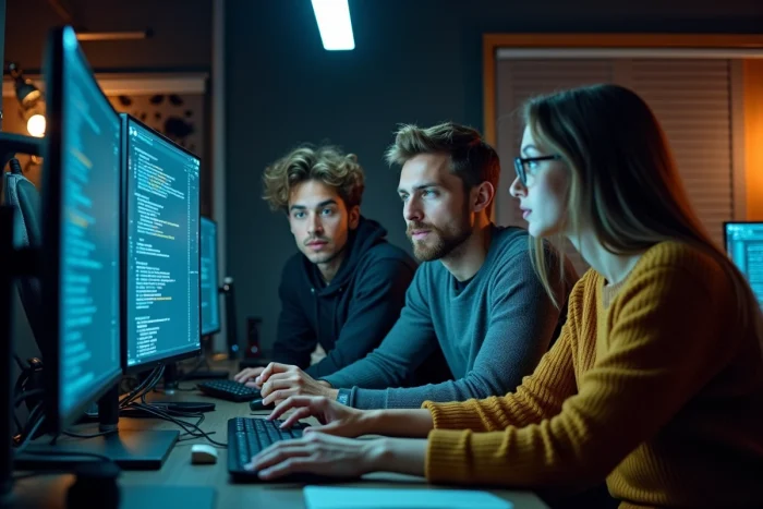 Équipe de développeurs collaborant autour d'un écran affichant du code et des diagrammes d'intelligence artificielle dans un studio technologique moderne