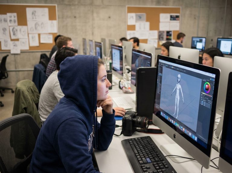 Étudiante concentrée devant un écran de conception 3D dans une école de jeu vidéo moderne
