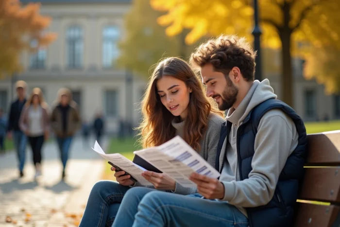 Deux étudiants comparant des offres de prêt étudiant MAIF sur smartphone dans un campus universitaire en automne