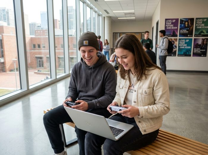 Deux étudiants testant un jeu vidéo sur ordinateur portable dans le couloir de leur école de game design
