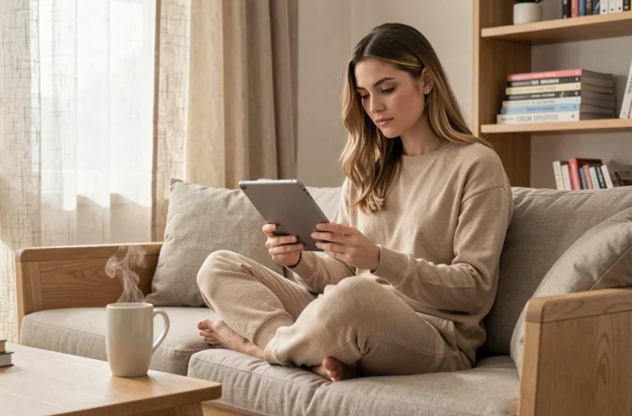 Jeune femme consultant les actualités du jour sur une tablette dans un salon minimaliste moderne