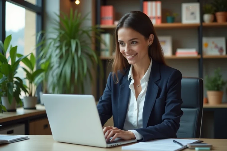 Femme d'affaires confiante travaillant sur un rapport marketing