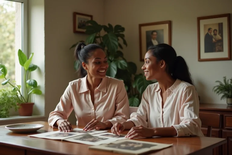Femme africaine et sa fille regardant des photos de famille