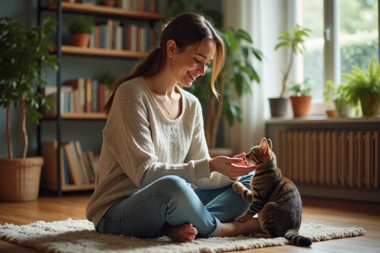 Femme assise avec un chat dans un salon chaleureux