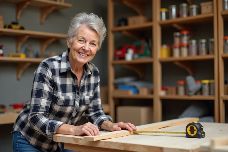 Femme mesurant un plan en bois dans un atelier lumineux