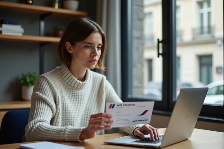 Femme assise à un bureau avec un billet Air France